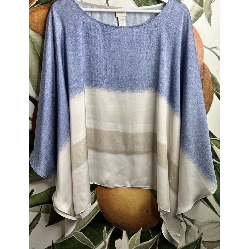 Chico's Blue Cream Ombre Stripe Pullover‎ Poncho Cape Style Blouse Women's S/M
